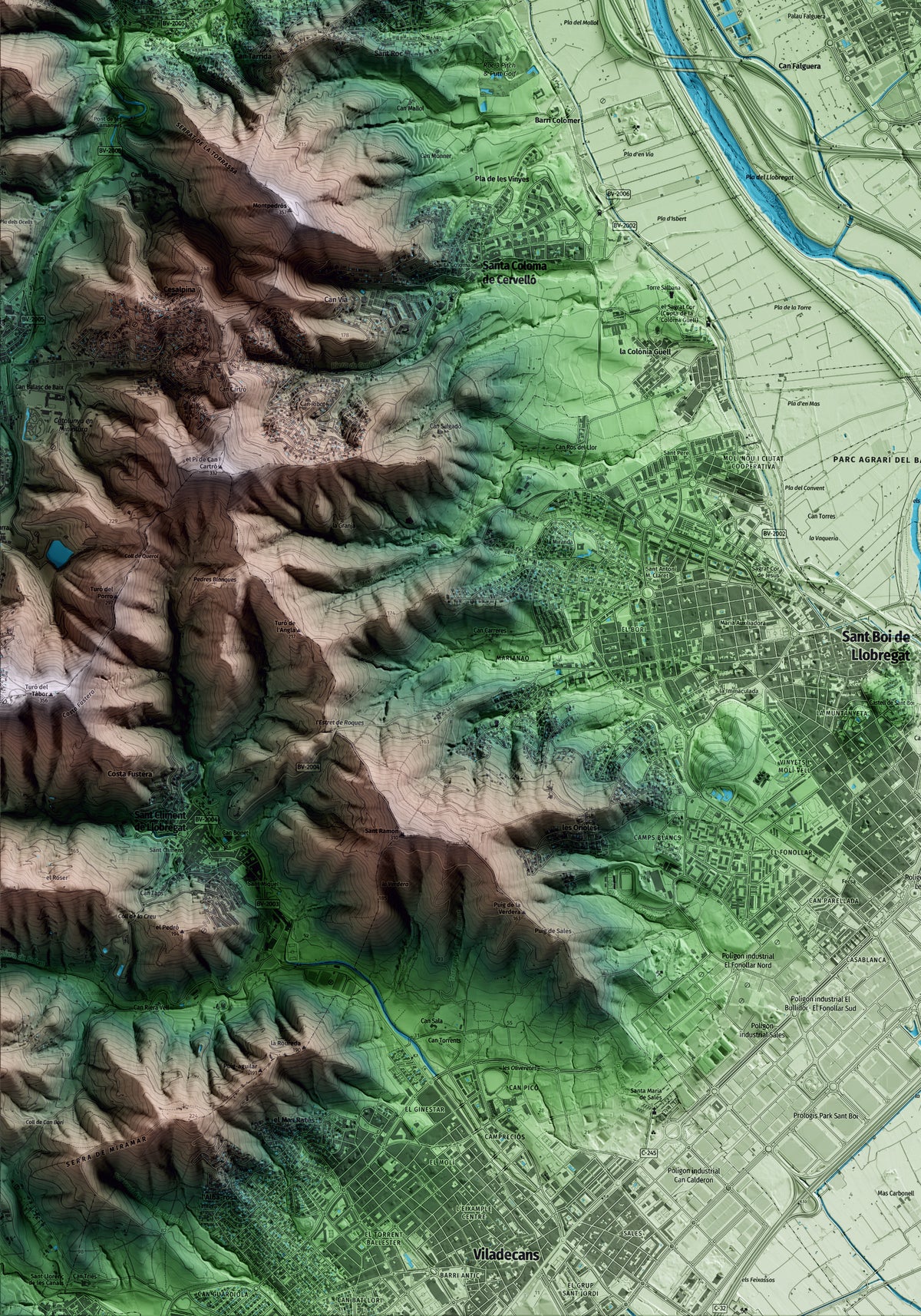 Mapa artístico del relieve de Sant Feliu de Llobregat, al Baix Llobregat, con 15 km de entorno y base topográfica ICGC. Detalle de la zona inferior izquierda.