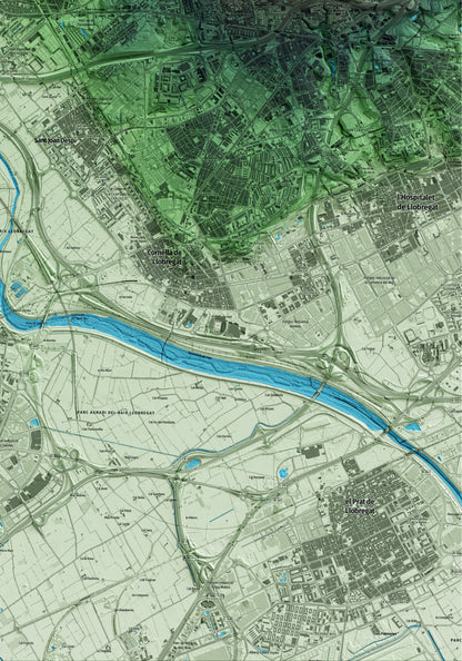 Mapa artístico del relieve de Sant Feliu de Llobregat, al Baix Llobregat, con 15 km de entorno y base topográfica ICGC. Detalle de la zona inferior derecha.