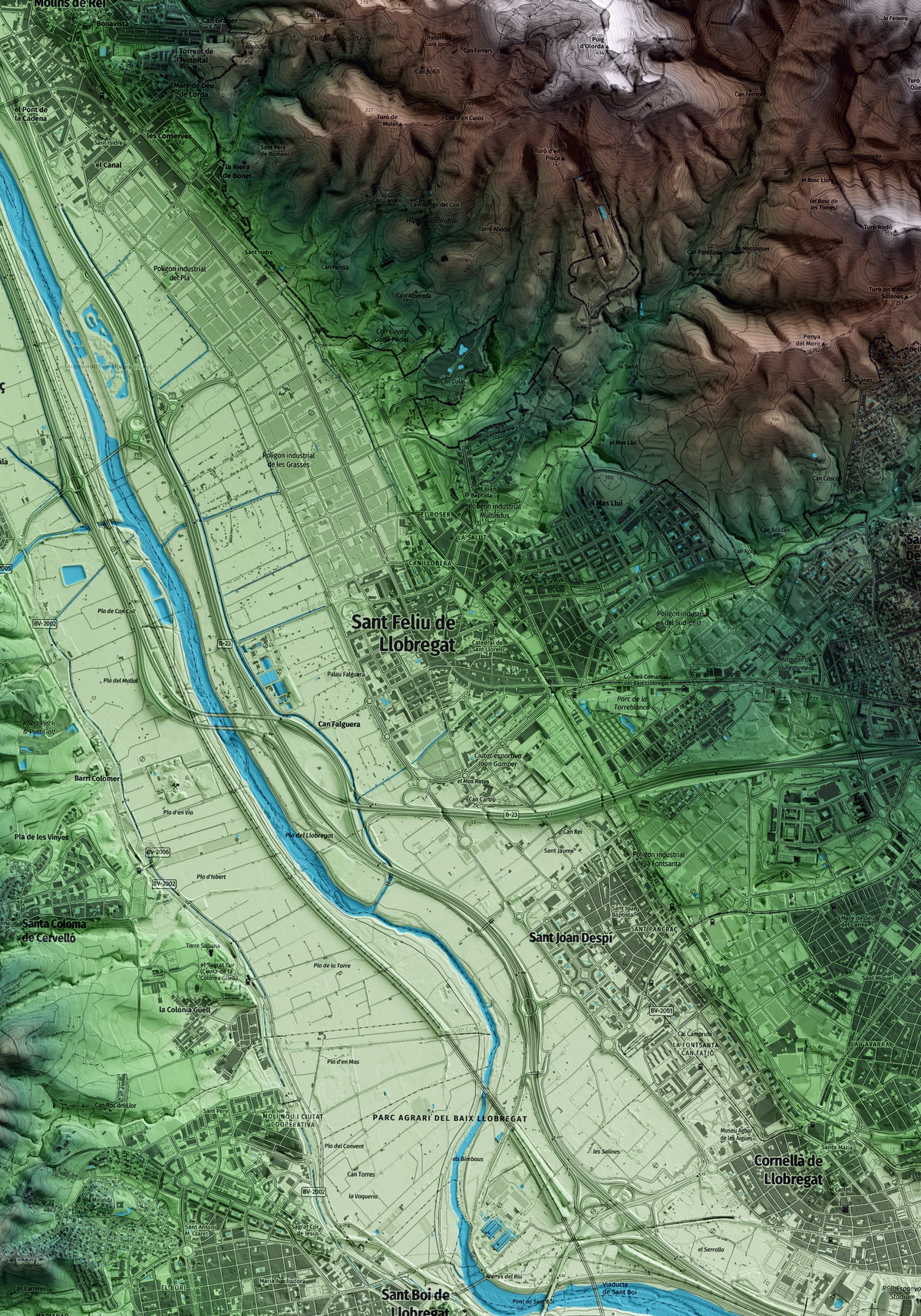 Mapa artístico del relieve de Sant Feliu de Llobregat, al Baix Llobregat, con 15 km de entorno y base topográfica ICGC. Detalle de la zona central.