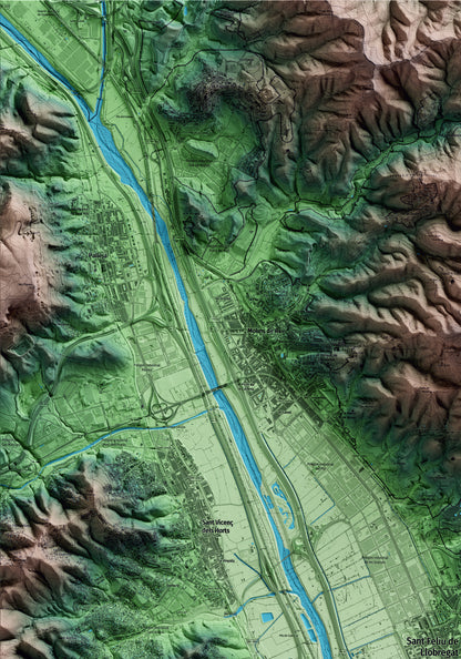 Mapa artístico del relieve de Sant Feliu de Llobregat, al Baix Llobregat, con 15 km de entorno y base topográfica ICGC. Detalle de la zona superior izquierda.