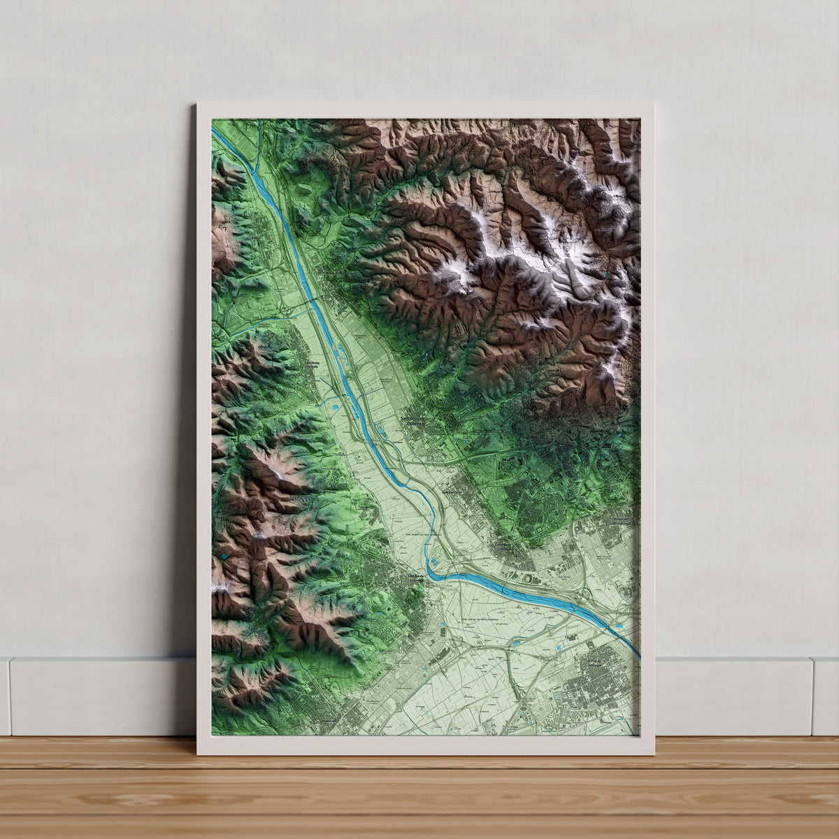 Mapa artístico del relieve de Sant Feliu de Llobregat, al Baix Llobregat, con 15 km de entorno y base topográfica ICGC. Presentación enmarcada.