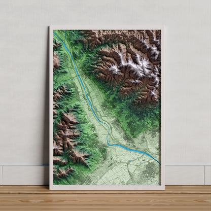 Mapa artístico del relieve de Sant Feliu de Llobregat, al Baix Llobregat, con 15 km de entorno y base topográfica ICGC. Presentación enmarcada.
