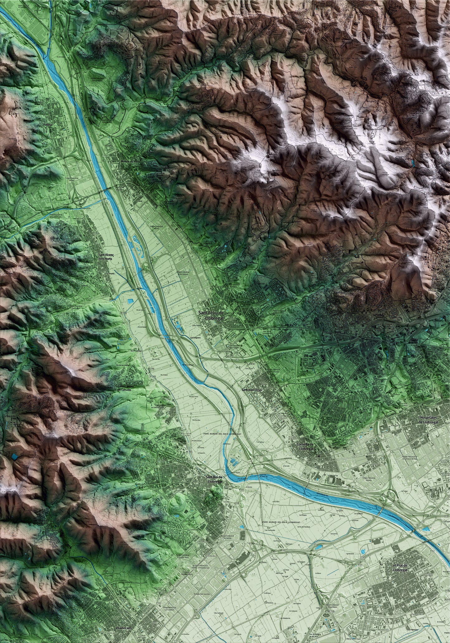 Mapa artístico del relieve de Sant Feliu de Llobregat, al Baix Llobregat, con 15 km de entorno y base topográfica ICGC