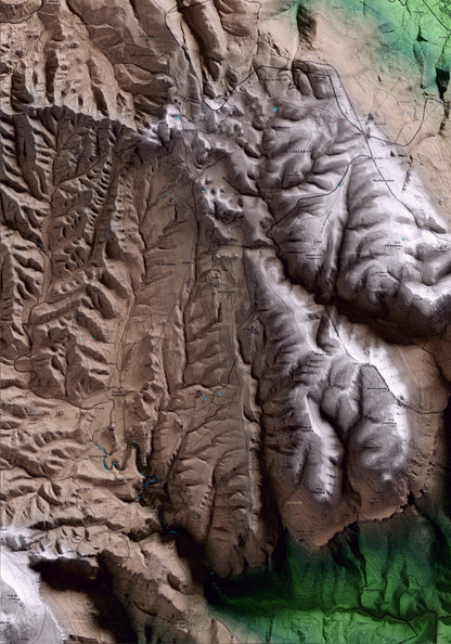 Mapa artístico del relieve de Sant Feliu de Pallerols, a la Garrotxa, con 15 km de entorno y base topográfica ICGC. Detalle de la zona inferior izquierda.