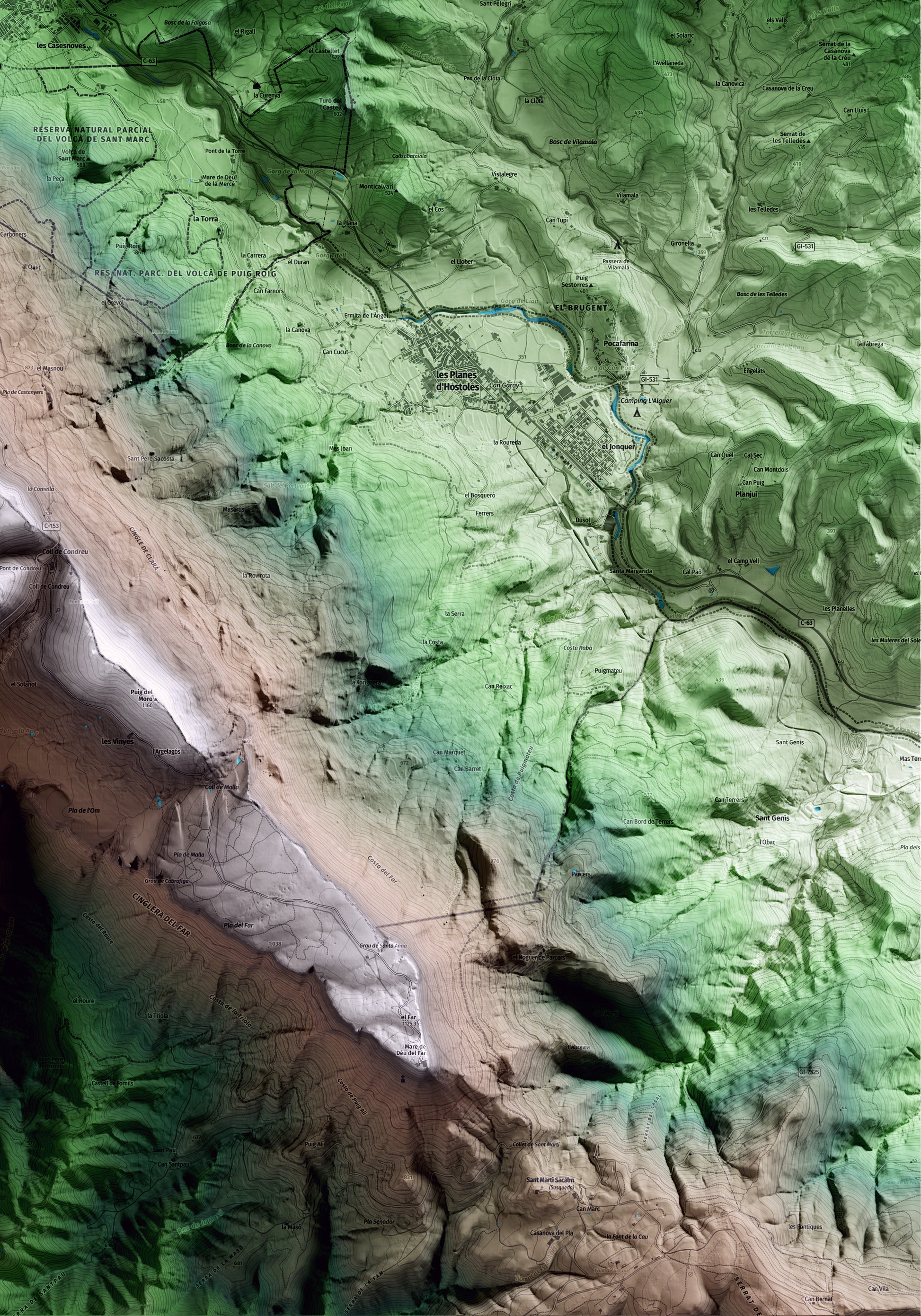 Mapa artístico del relieve de Sant Feliu de Pallerols, a la Garrotxa, con 15 km de entorno y base topográfica ICGC. Detalle de la zona inferior derecha.