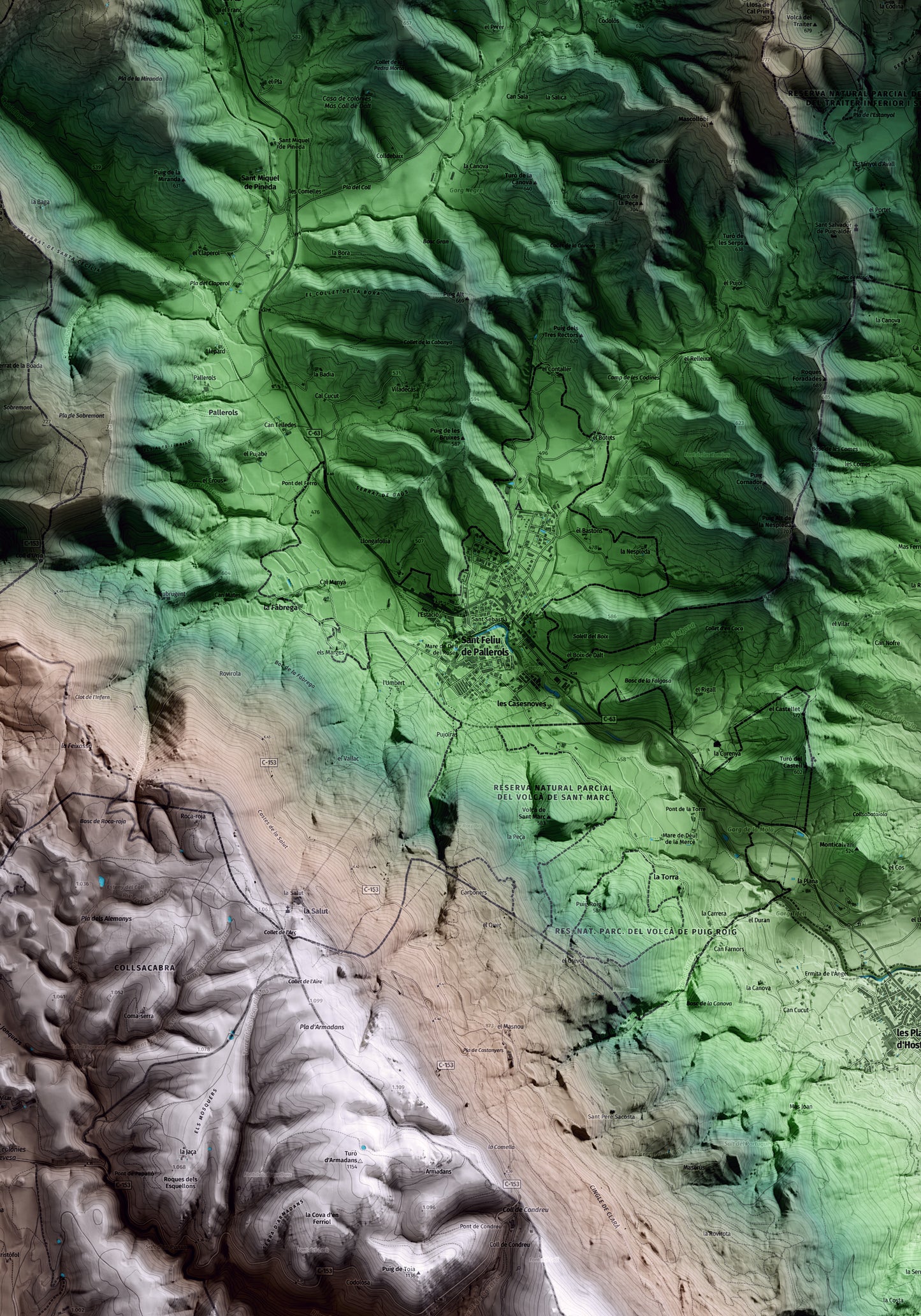 Mapa artístico del relieve de Sant Feliu de Pallerols, a la Garrotxa, con 15 km de entorno y base topográfica ICGC. Detalle de la zona central.