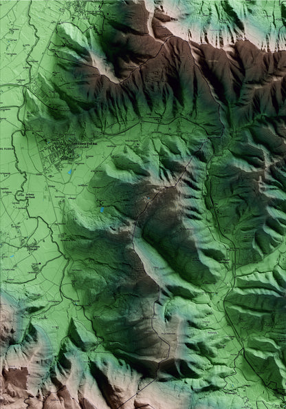 Mapa artístico del relieve de Sant Feliu de Pallerols, a la Garrotxa, con 15 km de entorno y base topográfica ICGC. Detalle de la zona superior izquierda.