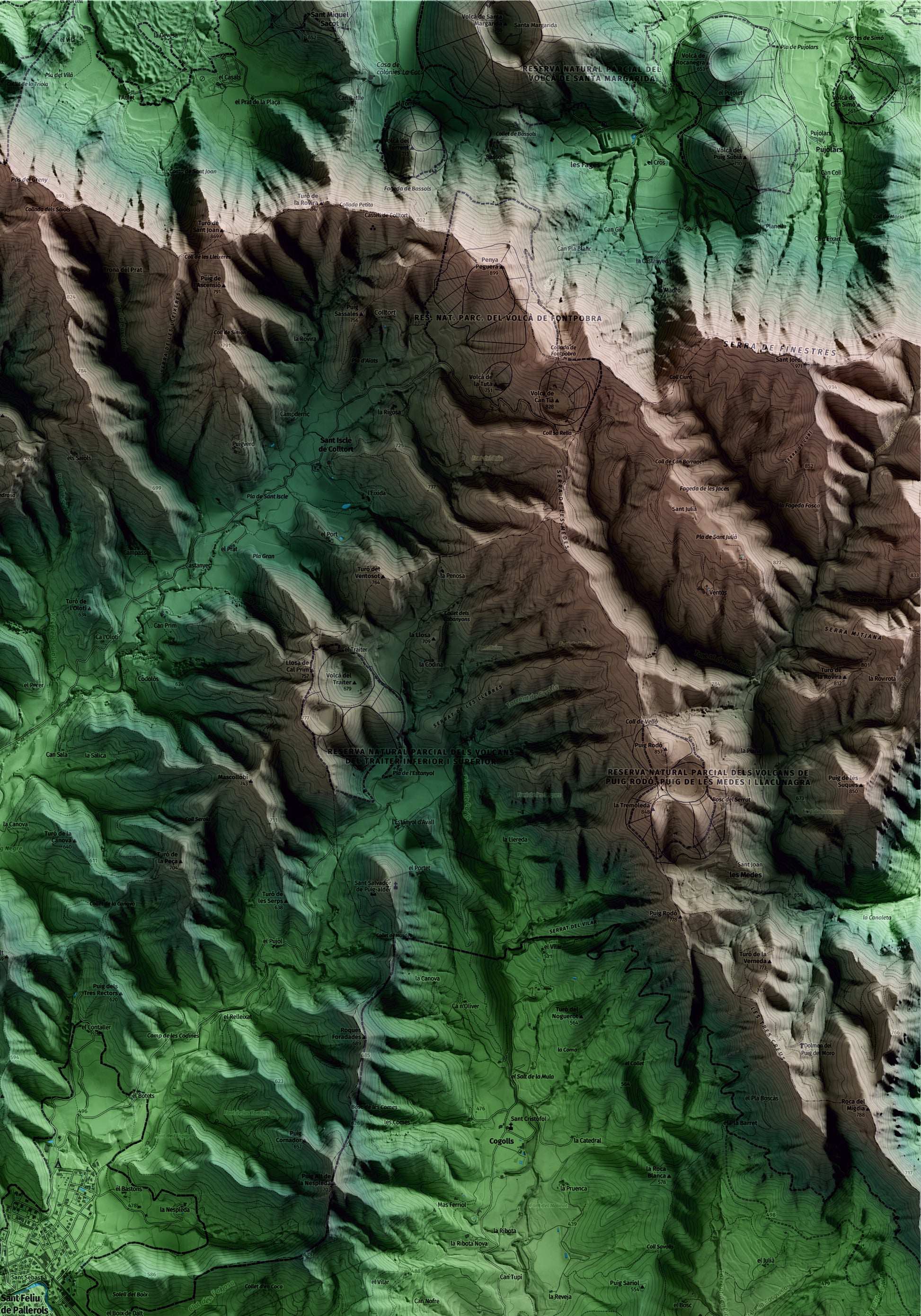 Mapa artístico del relieve de Sant Feliu de Pallerols, a la Garrotxa, con 15 km de entorno y base topográfica ICGC. Detalle de la zona superior derecha.