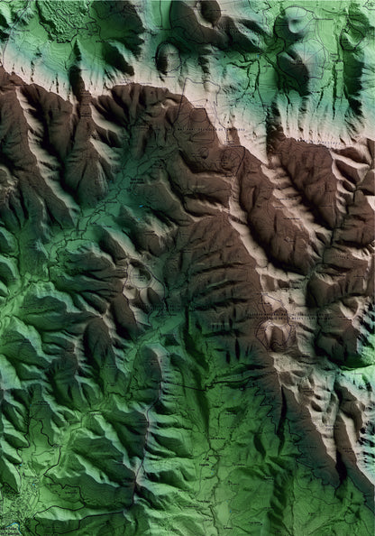 Mapa artístico del relieve de Sant Feliu de Pallerols, a la Garrotxa, con 15 km de entorno y base topográfica ICGC. Detalle de la zona superior derecha.