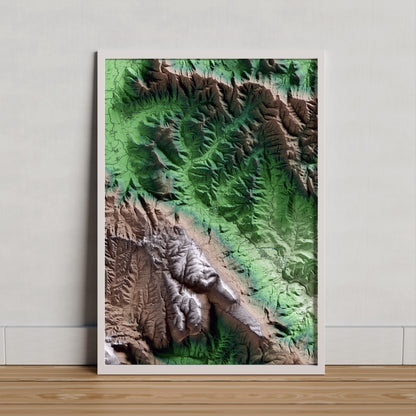 Mapa artístico del relieve de Sant Feliu de Pallerols, a la Garrotxa, con 15 km de entorno y base topográfica ICGC. Presentación enmarcada.