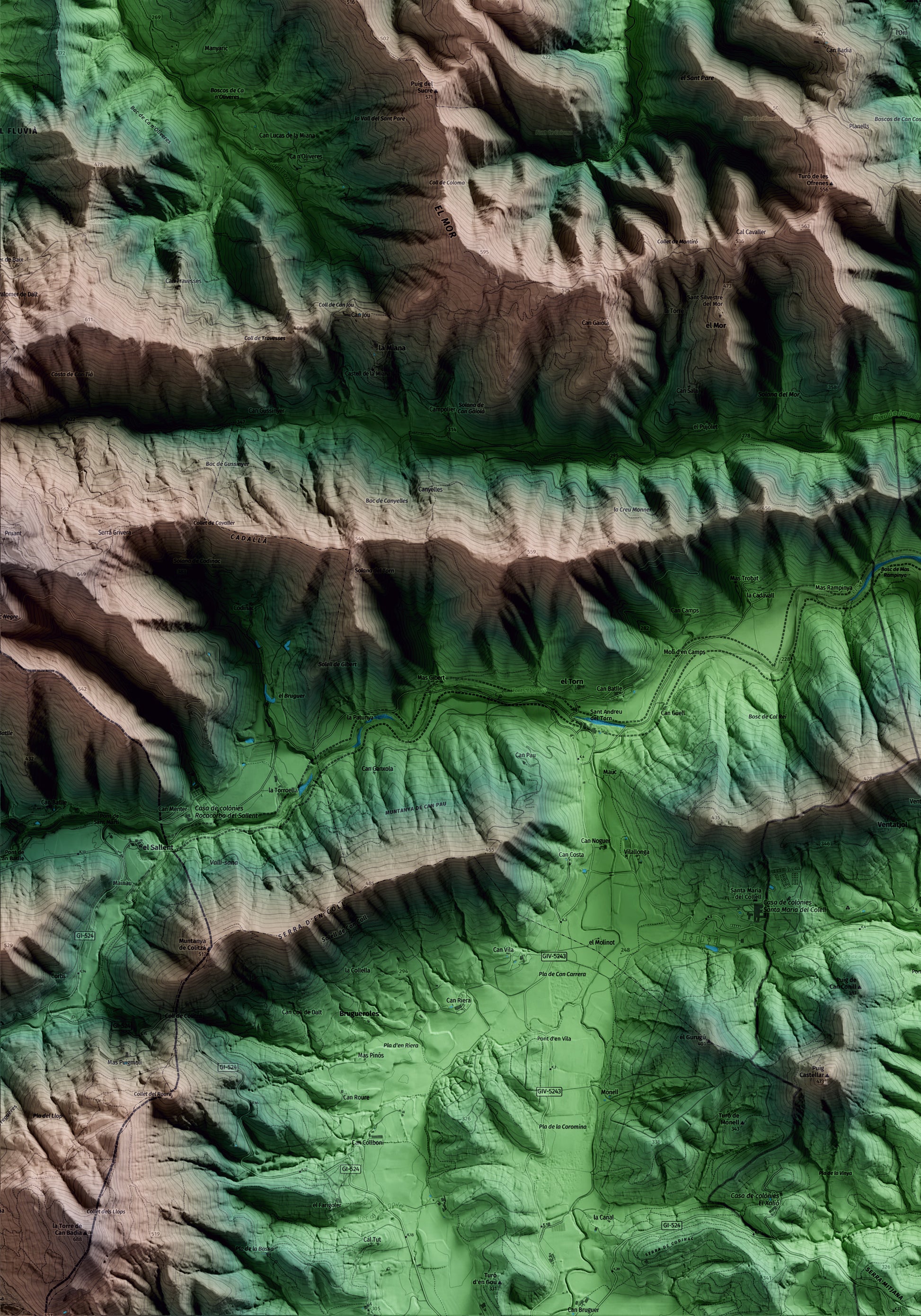 Mapa artístico del relieve de Sant Ferriol, a la Garrotxa, con 15 km de entorno y base topográfica ICGC. Detalle de la zona inferior izquierda.