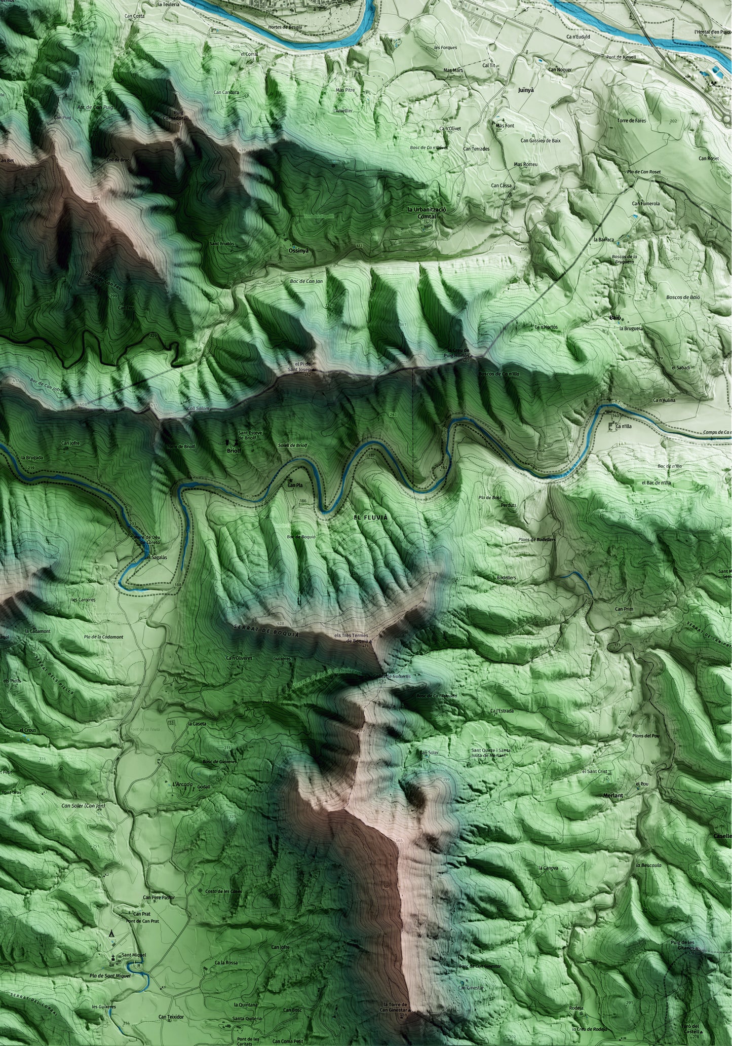 Mapa artístico del relieve de Sant Ferriol, a la Garrotxa, con 15 km de entorno y base topográfica ICGC. Detalle de la zona inferior derecha.