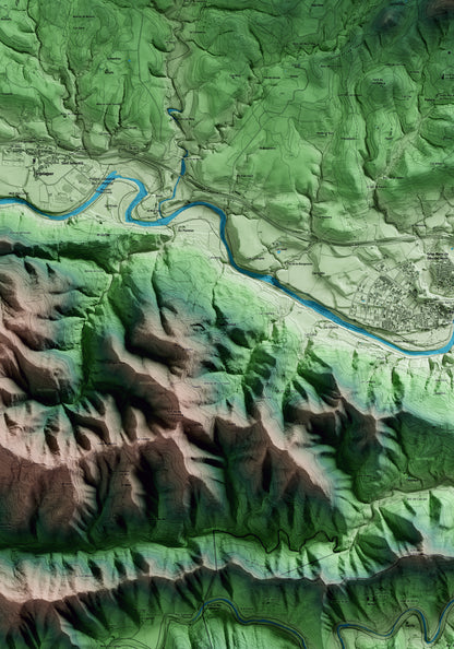 Mapa artístico del relieve de Sant Ferriol, a la Garrotxa, con 15 km de entorno y base topográfica ICGC. Detalle de la zona central.