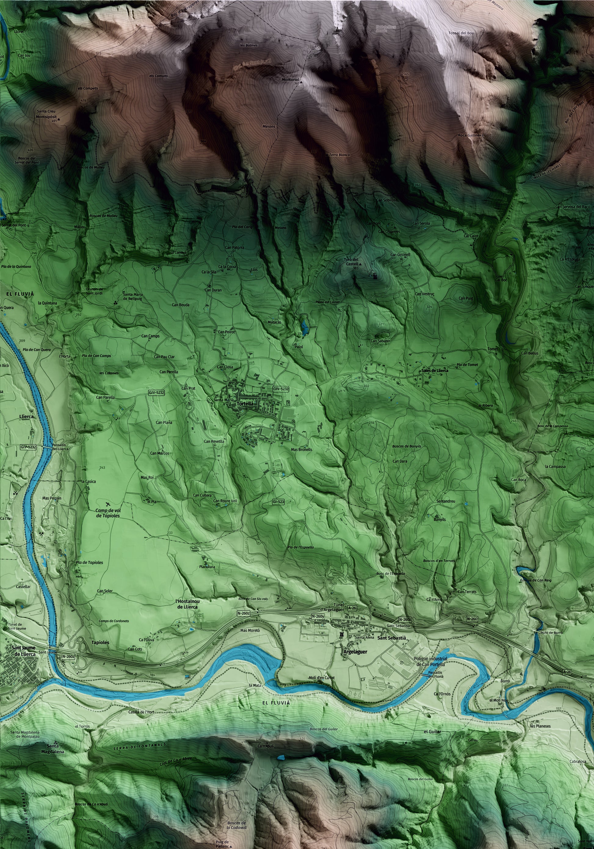 Mapa artístico del relieve de Sant Ferriol, a la Garrotxa, con 15 km de entorno y base topográfica ICGC. Detalle de la zona superior izquierda.
