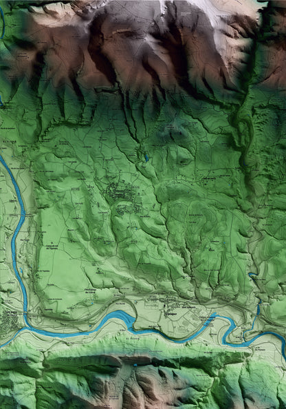 Mapa artístico del relieve de Sant Ferriol, a la Garrotxa, con 15 km de entorno y base topográfica ICGC. Detalle de la zona superior izquierda.