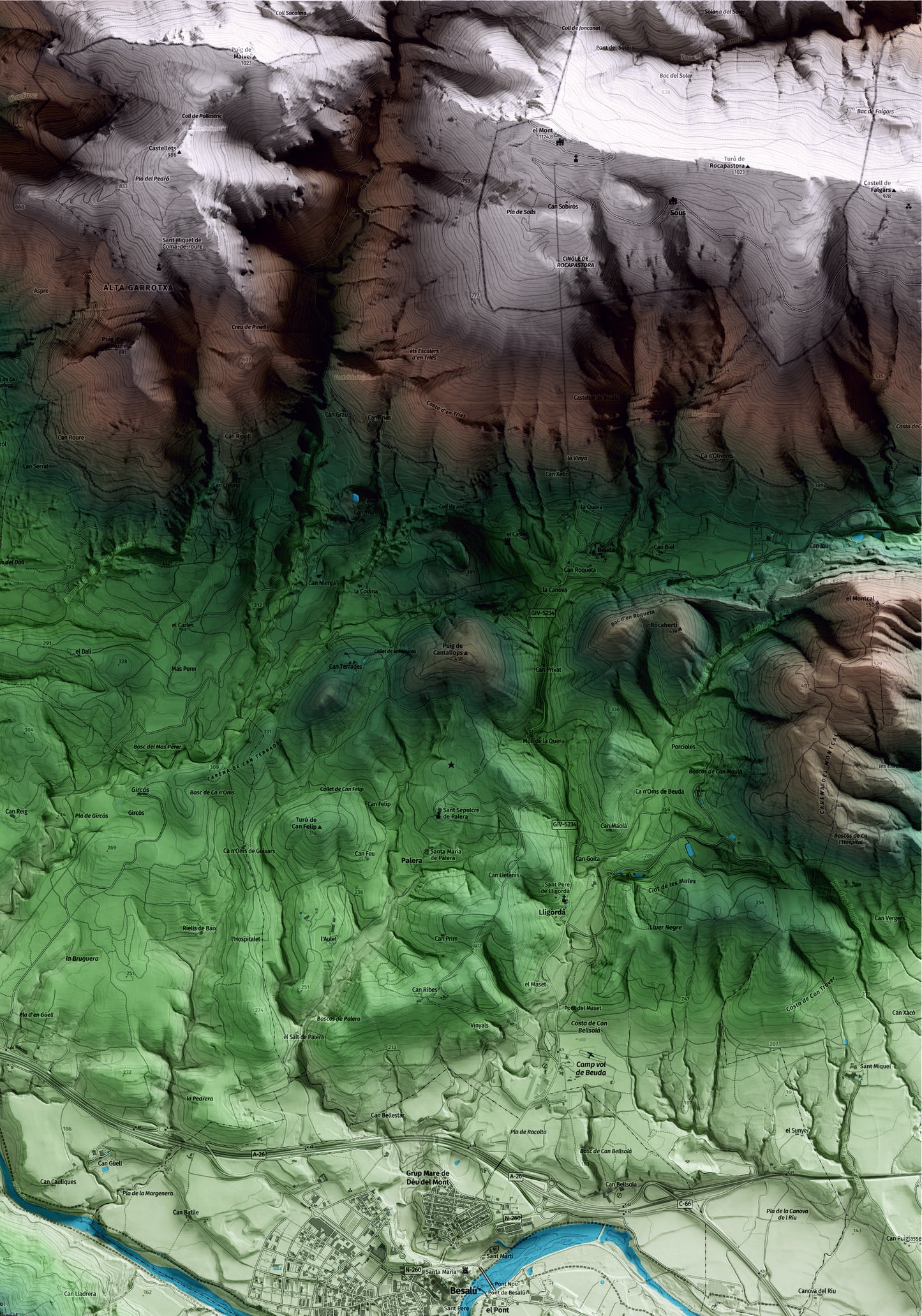 Mapa artístico del relieve de Sant Ferriol, a la Garrotxa, con 15 km de entorno y base topográfica ICGC. Detalle de la zona superior derecha.