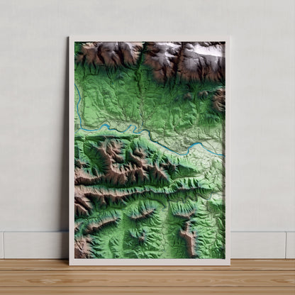 Mapa artístico del relieve de Sant Ferriol, a la Garrotxa, con 15 km de entorno y base topográfica ICGC. Presentación enmarcada.