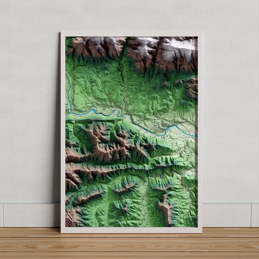 Mapa artístico del relieve de Sant Ferriol, a la Garrotxa, con 15 km de entorno y base topográfica ICGC. Presentación enmarcada.