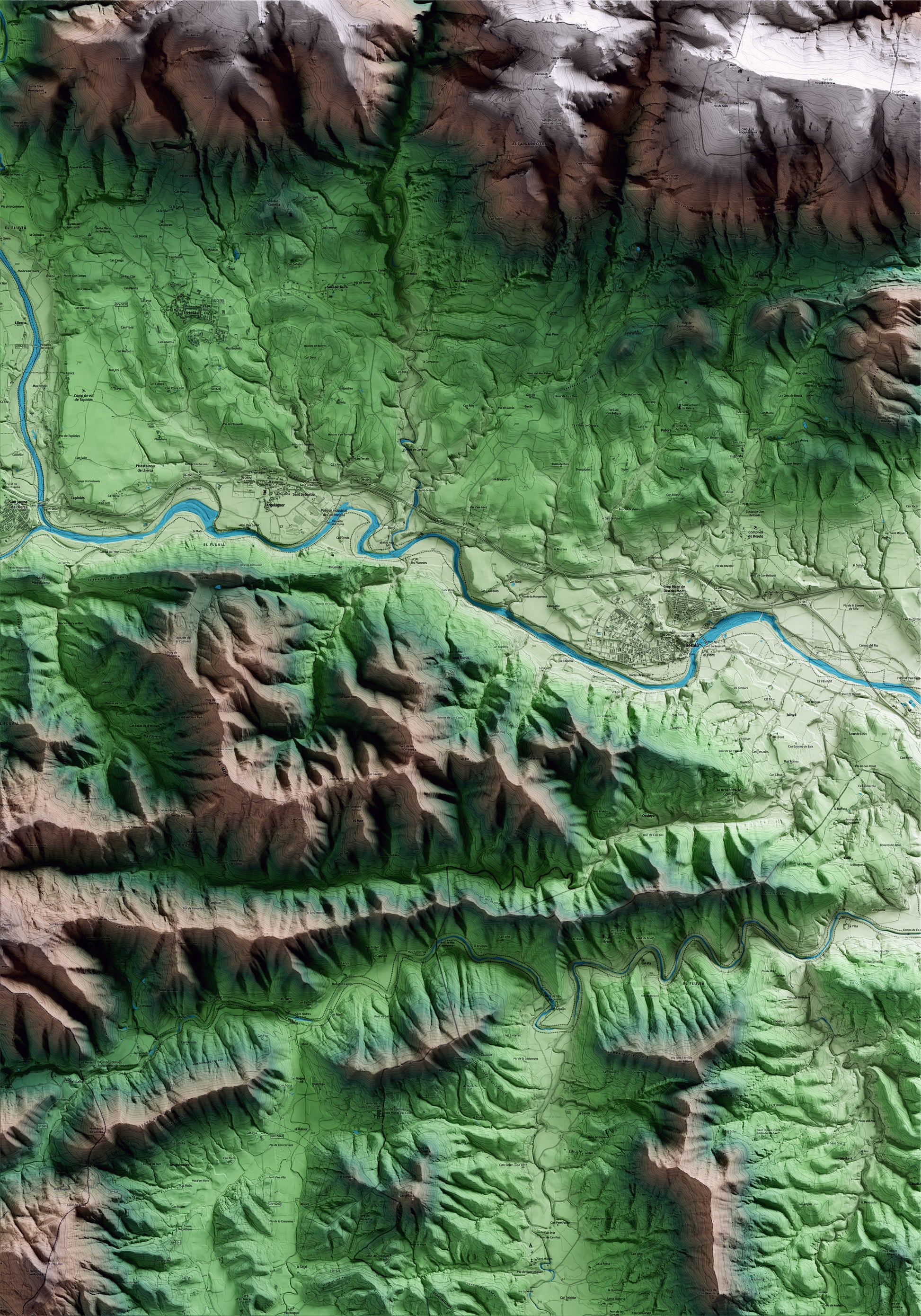 Mapa artístico del relieve de Sant Ferriol, a la Garrotxa, con 15 km de entorno y base topográfica ICGC