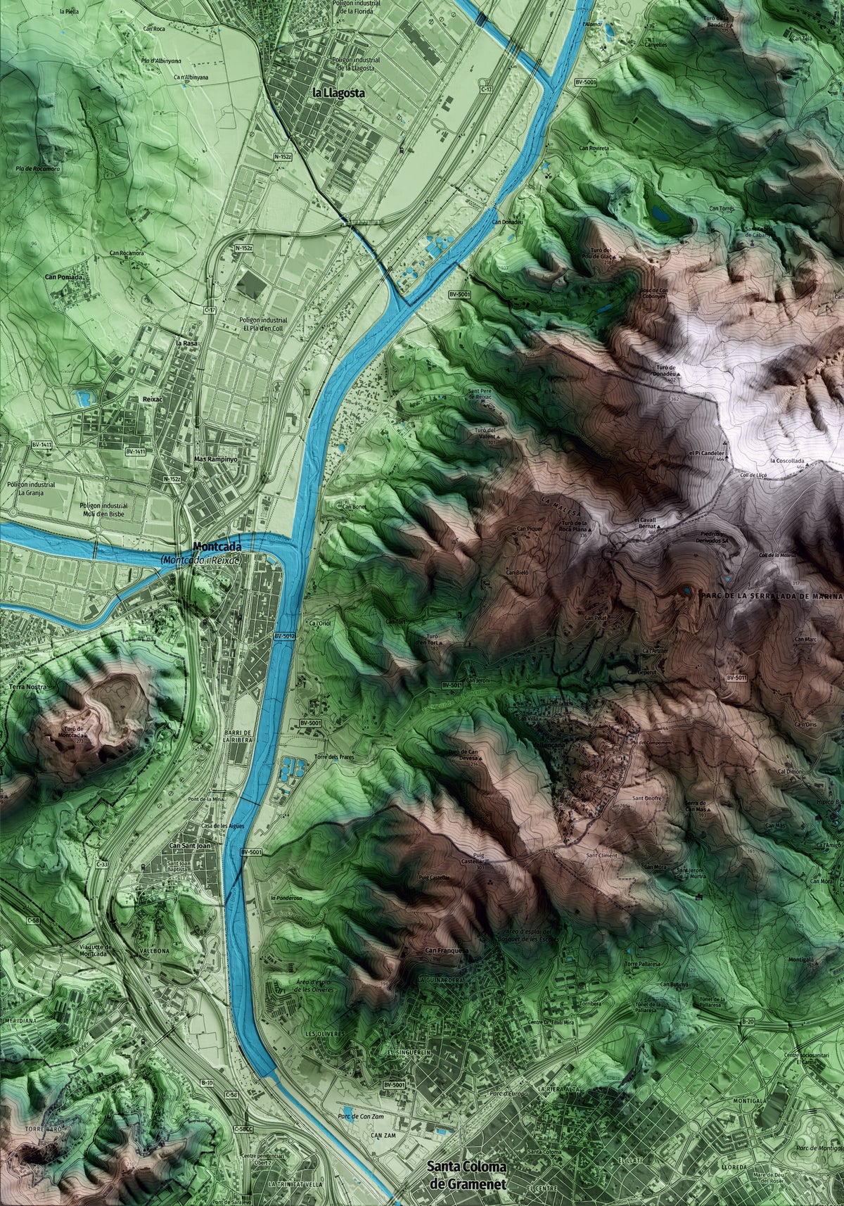 Mapa artístico del relieve de Sant Fost de Campsentelles, al Vallès Oriental, con 15 km de entorno y base topográfica ICGC. Detalle de la zona inferior izquierda.