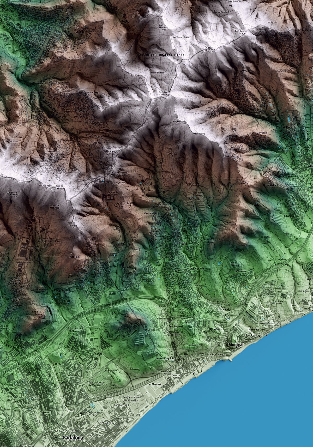 Mapa artístico del relieve de Sant Fost de Campsentelles, al Vallès Oriental, con 15 km de entorno y base topográfica ICGC. Detalle de la zona inferior derecha.
