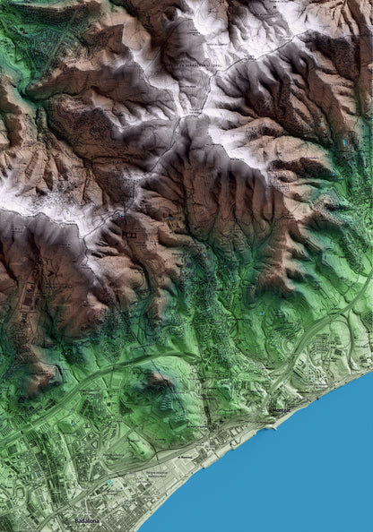 Mapa artístico del relieve de Sant Fost de Campsentelles, al Vallès Oriental, con 15 km de entorno y base topográfica ICGC. Detalle de la zona inferior derecha.