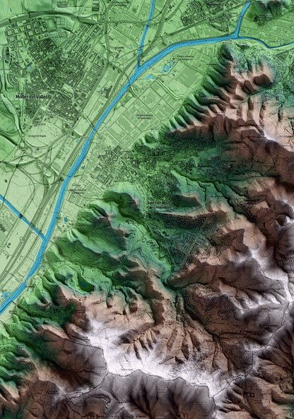 Mapa artístico del relieve de Sant Fost de Campsentelles, al Vallès Oriental, con 15 km de entorno y base topográfica ICGC. Detalle de la zona central.