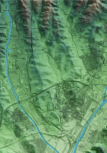 Mapa artístico del relieve de Sant Fost de Campsentelles, al Vallès Oriental, con 15 km de entorno y base topográfica ICGC. Detalle de la zona superior izquierda.