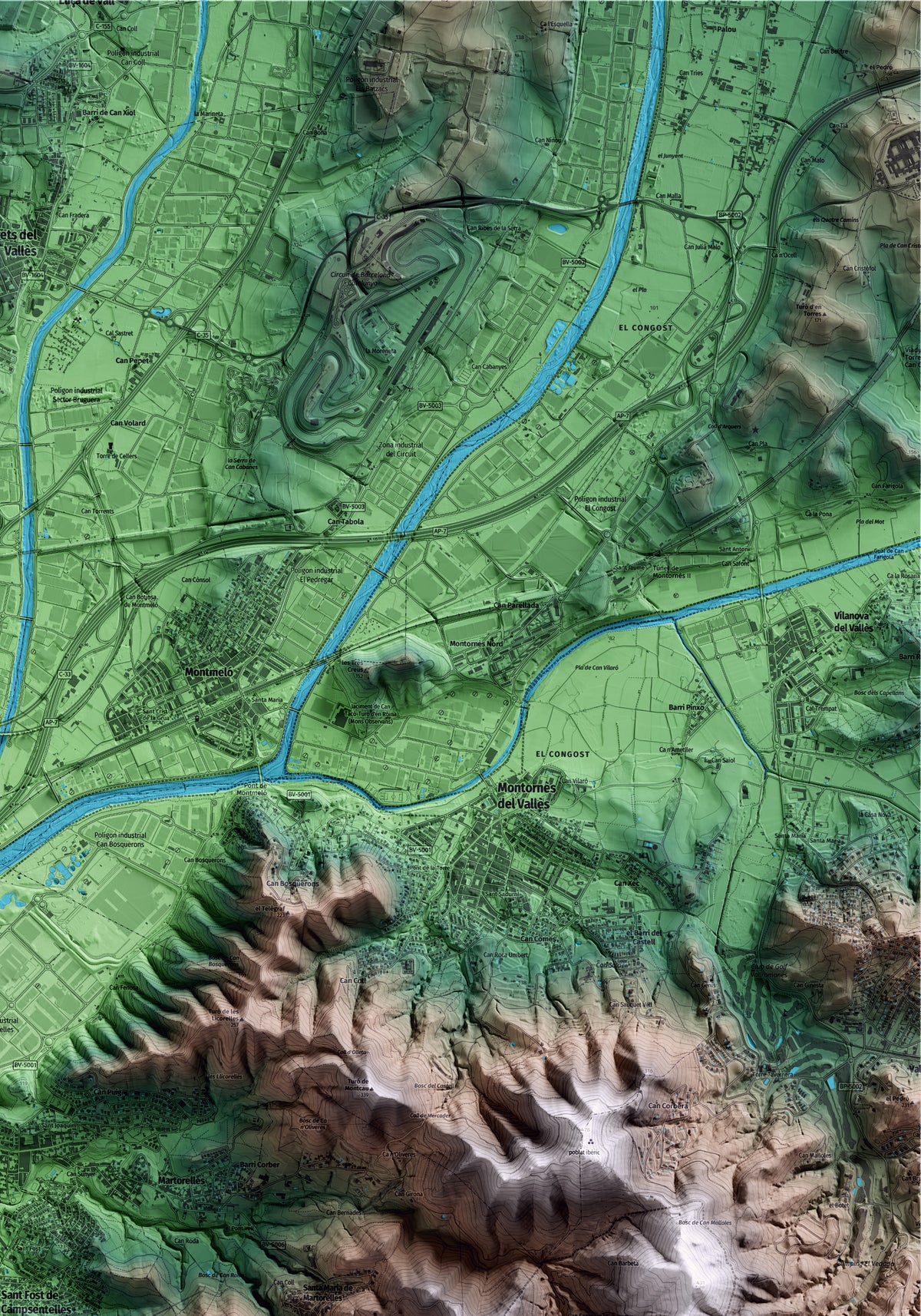Mapa artístico del relieve de Sant Fost de Campsentelles, al Vallès Oriental, con 15 km de entorno y base topográfica ICGC. Detalle de la zona superior derecha.