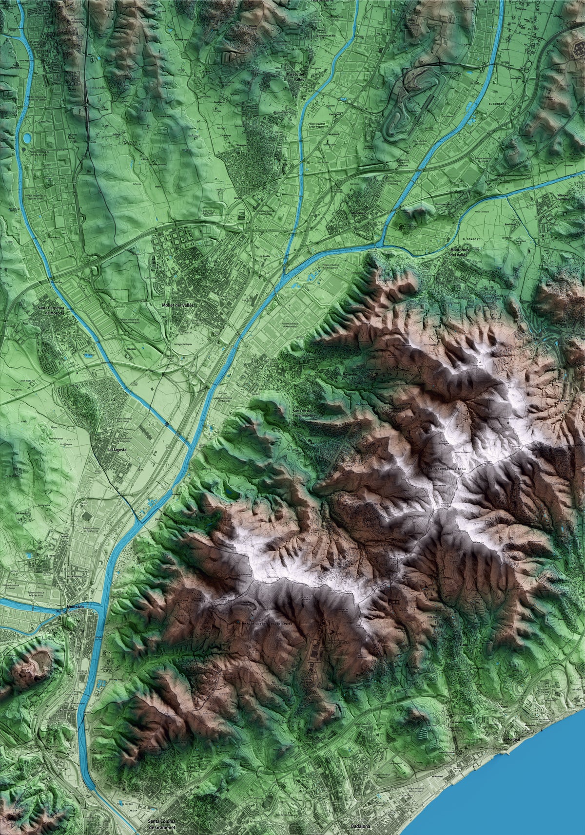 Mapa artístico del relieve de Sant Fost de Campsentelles, al Vallès Oriental, con 15 km de entorno y base topográfica ICGC
