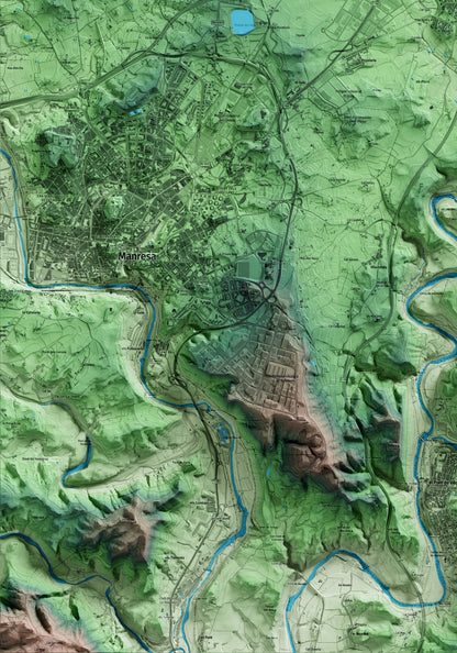 Mapa artístico del relieve de Sant Fruitós de Bages, al Bages, con 15 km de entorno y base topográfica ICGC. Detalle de la zona inferior izquierda.