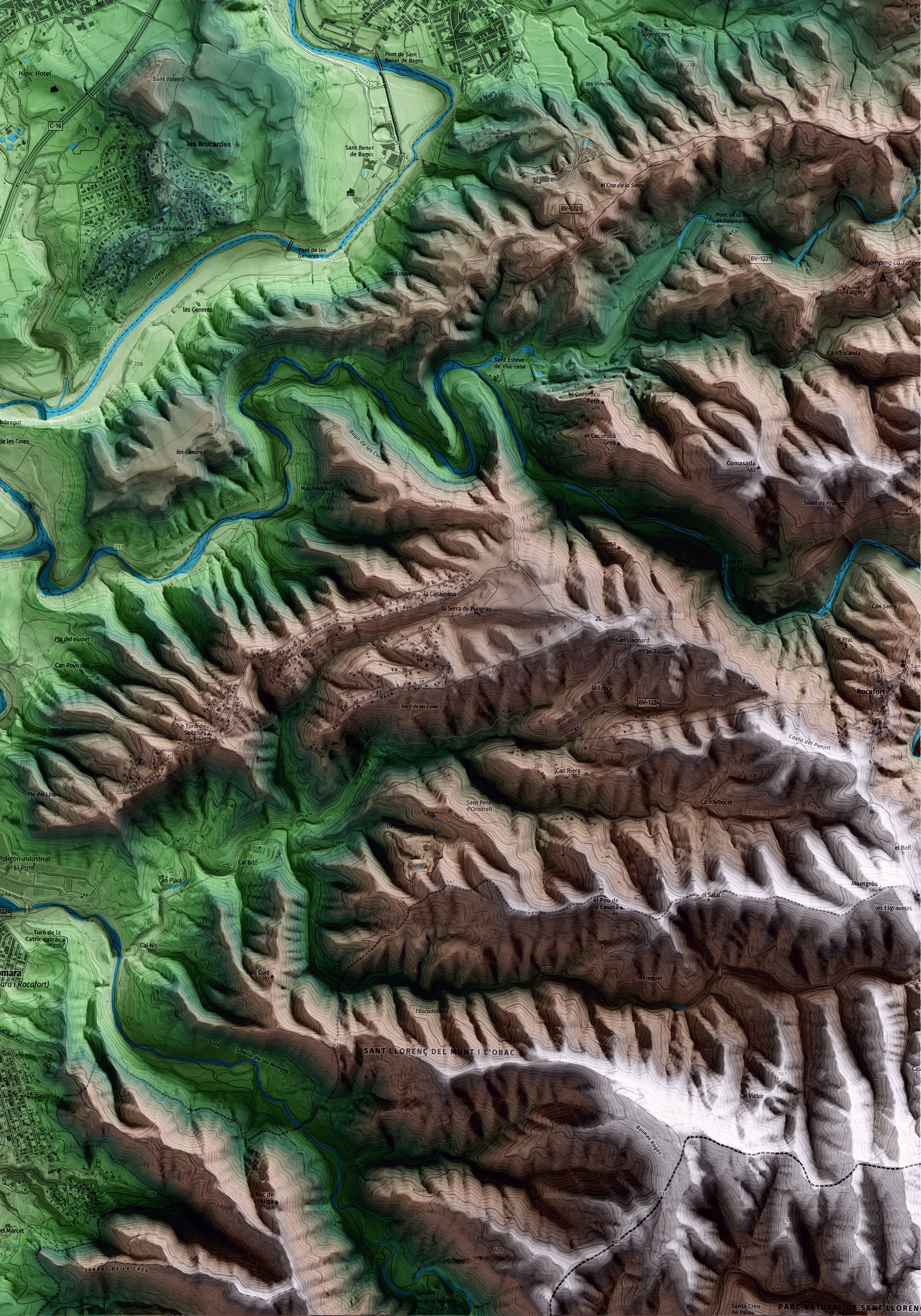 Mapa artístico del relieve de Sant Fruitós de Bages, al Bages, con 15 km de entorno y base topográfica ICGC. Detalle de la zona inferior derecha.