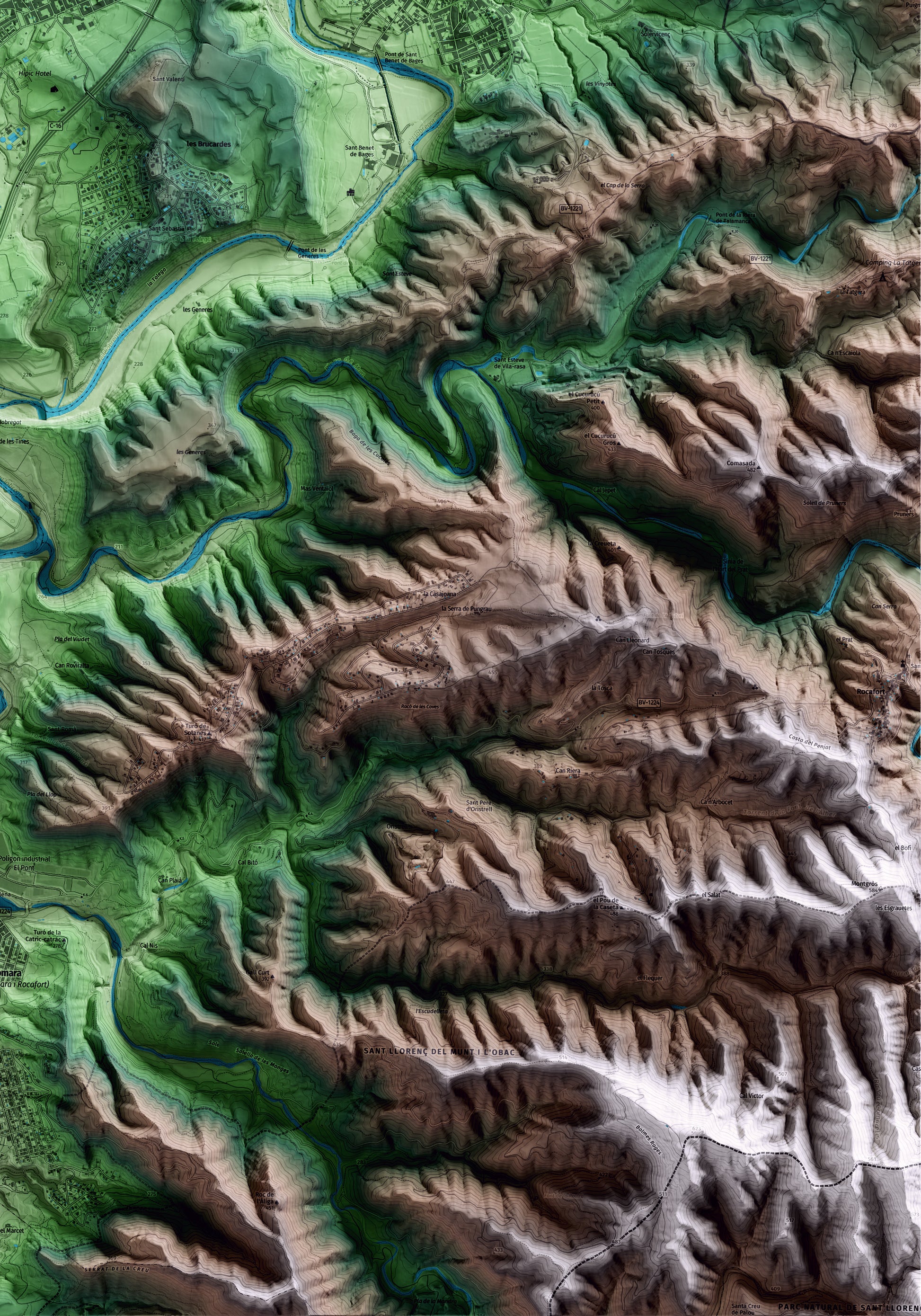 Mapa artístico del relieve de Sant Fruitós de Bages, al Bages, con 15 km de entorno y base topográfica ICGC. Detalle de la zona inferior derecha.