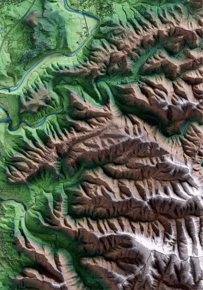 Mapa artístico del relieve de Sant Fruitós de Bages, al Bages, con 15 km de entorno y base topográfica ICGC. Detalle de la zona inferior derecha.