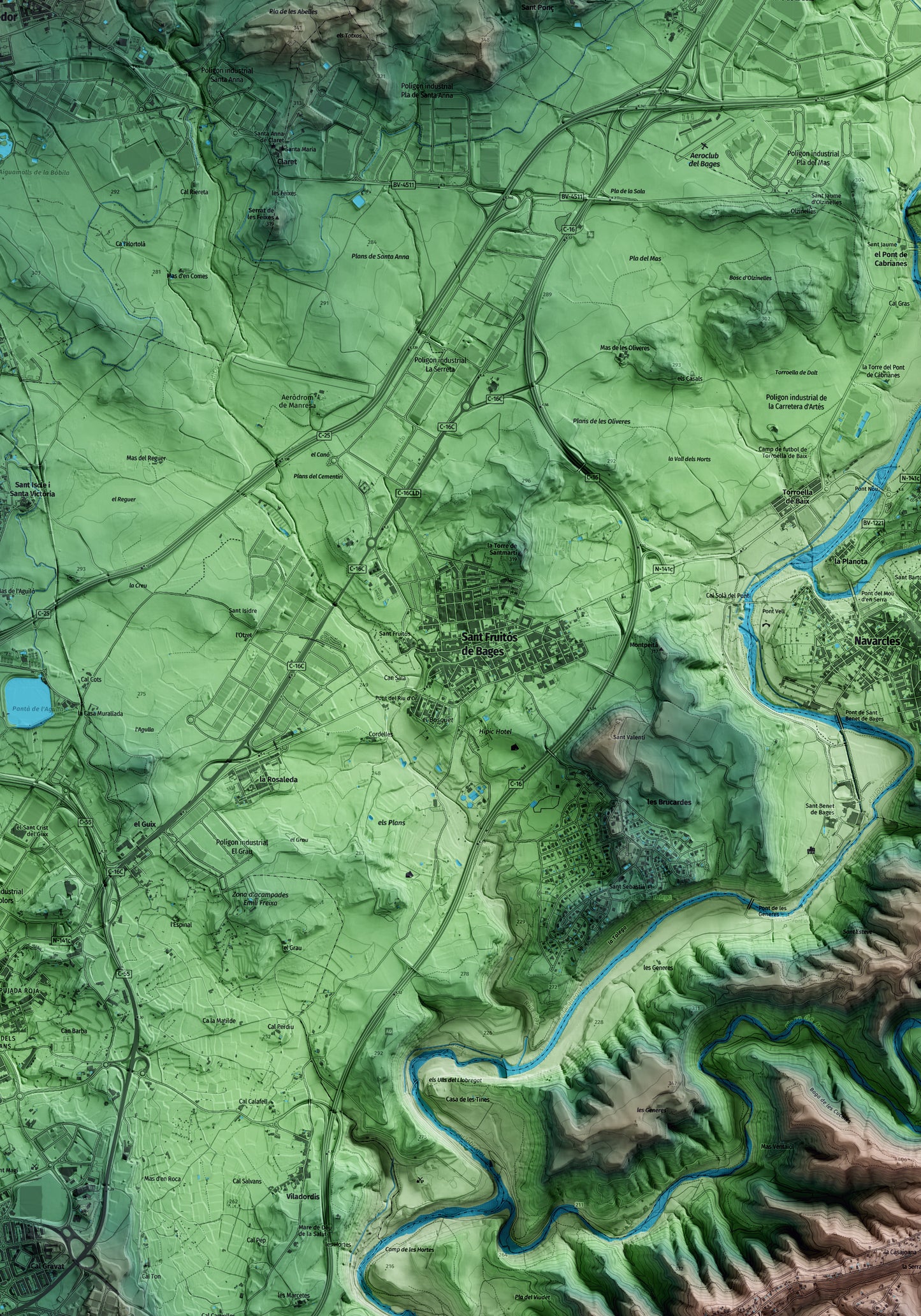 Mapa artístico del relieve de Sant Fruitós de Bages, al Bages, con 15 km de entorno y base topográfica ICGC. Detalle de la zona central.