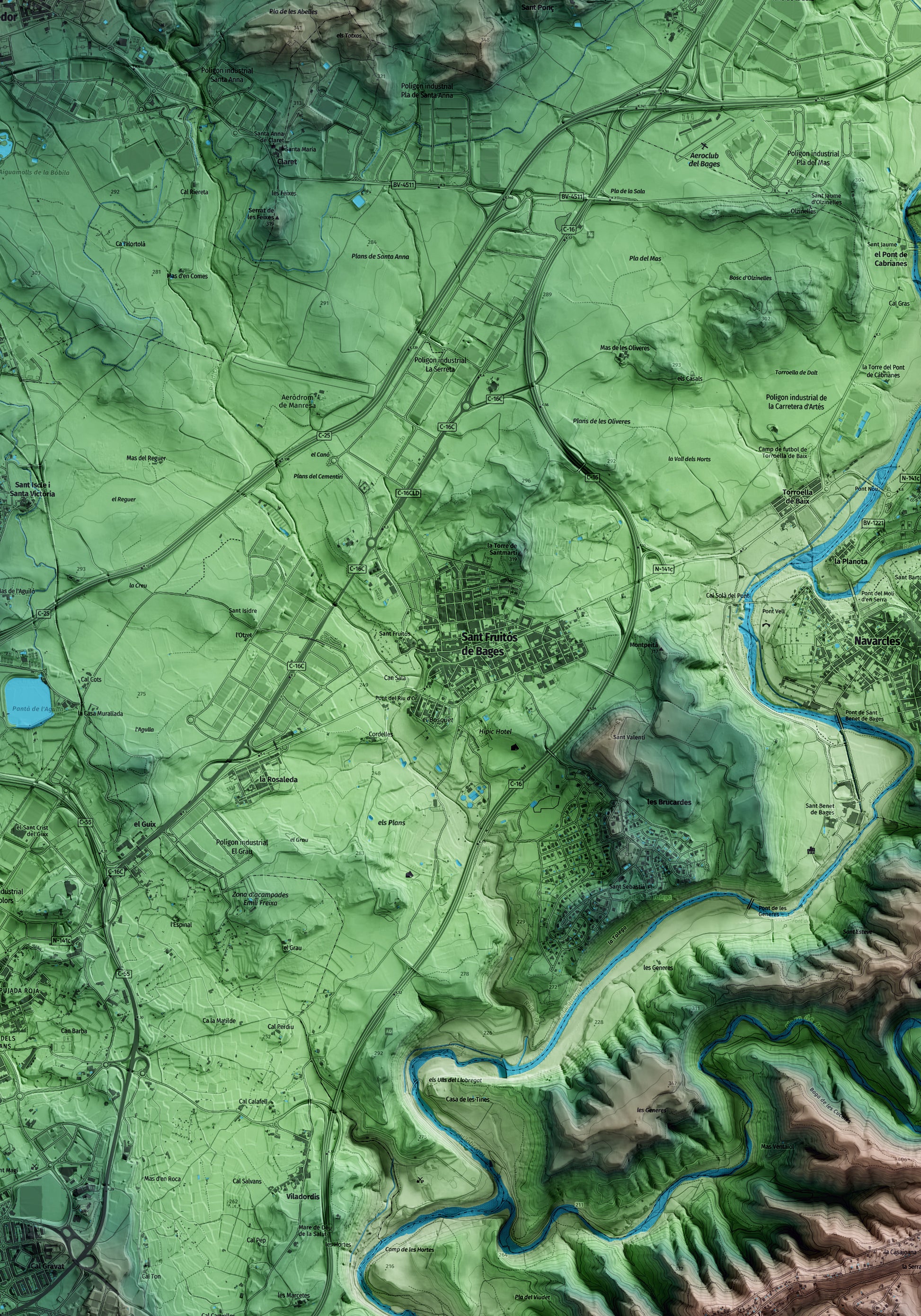 Mapa artístico del relieve de Sant Fruitós de Bages, al Bages, con 15 km de entorno y base topográfica ICGC. Detalle de la zona central.