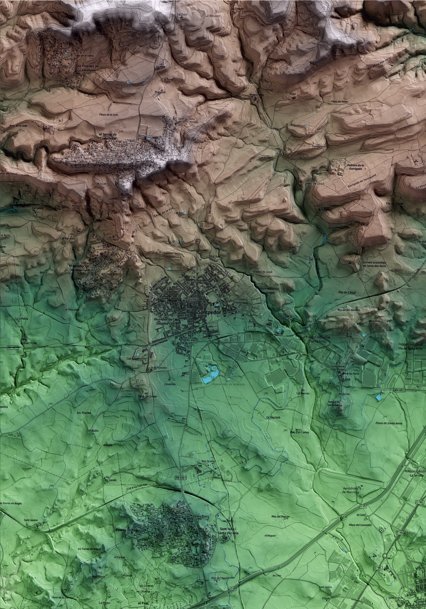 Mapa artístico del relieve de Sant Fruitós de Bages, al Bages, con 15 km de entorno y base topográfica ICGC. Detalle de la zona superior izquierda.