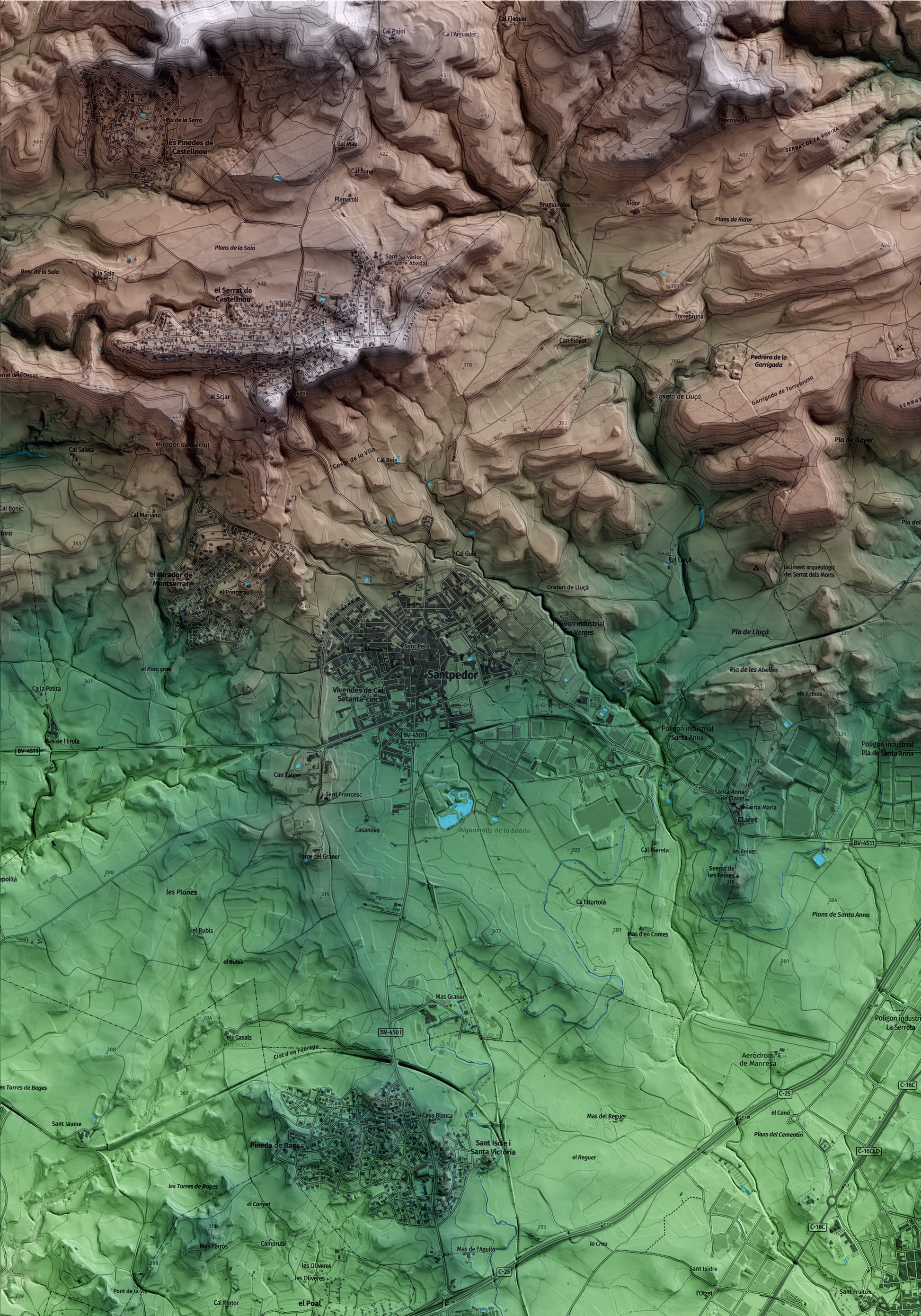 Mapa artístico del relieve de Sant Fruitós de Bages, al Bages, con 15 km de entorno y base topográfica ICGC. Detalle de la zona superior izquierda.