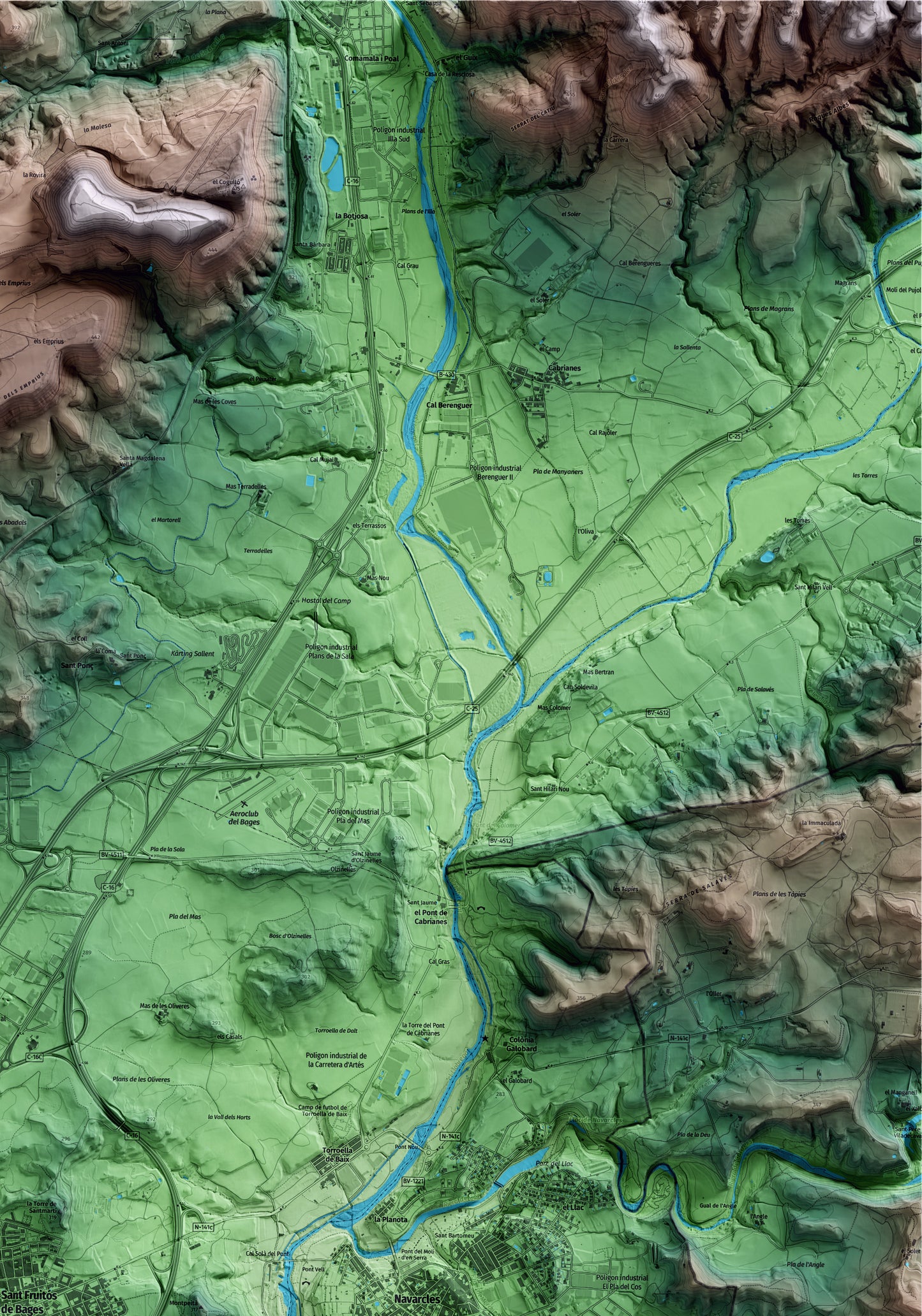 Mapa artístico del relieve de Sant Fruitós de Bages, al Bages, con 15 km de entorno y base topográfica ICGC. Detalle de la zona superior derecha.