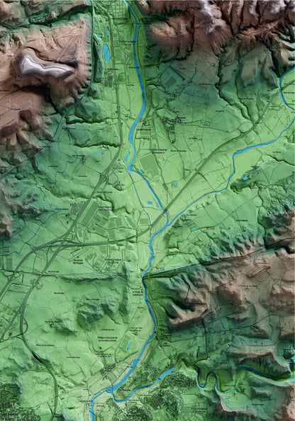 Mapa artístico del relieve de Sant Fruitós de Bages, al Bages, con 15 km de entorno y base topográfica ICGC. Detalle de la zona superior derecha.