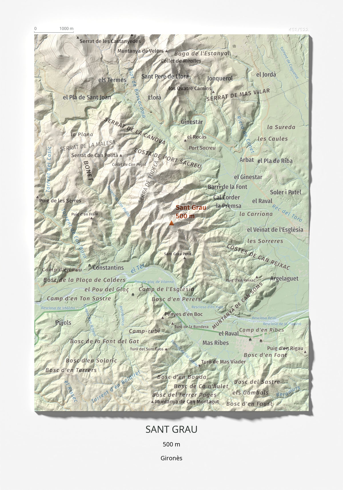 Mapa de relieve de Sant Grau, 500 m, Gironès, lámina 100 Cims de Trobart 21 × 30 cm.