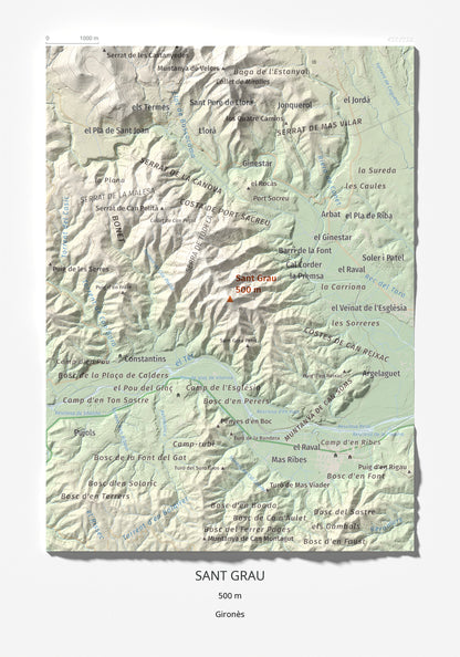 Mapa de relieve de Sant Grau, 500 m, Gironès, lámina 100 Cims de Trobart 21 × 30 cm.