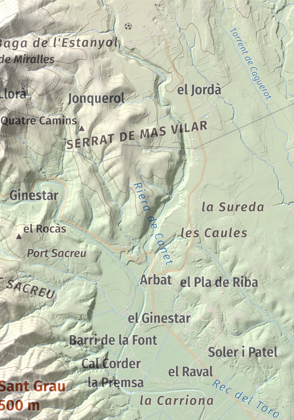 Mapa de relieve de Sant Grau, 500 m, Gironès, lámina 100 Cims de Trobart. Detalle de la zona superior derecha. 21 × 30 cm.