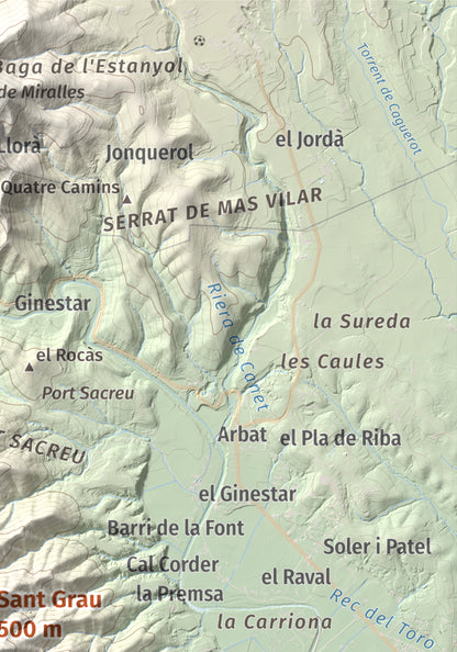 Mapa de relieve de Sant Grau, 500 m, Gironès, lámina 100 Cims de Trobart. Detalle de la zona superior derecha. 21 × 30 cm.
