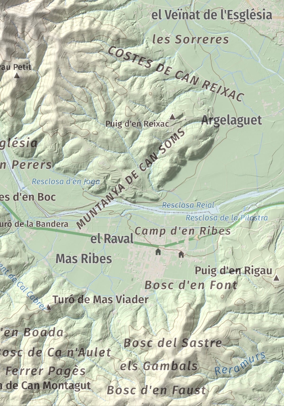Mapa de relieve de Sant Grau, 500 m, Gironès, lámina 100 Cims de Trobart. Detalle de la zona inferior derecha. 21 × 30 cm.