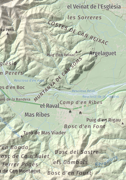 Mapa de relieve de Sant Grau, 500 m, Gironès, lámina 100 Cims de Trobart. Detalle de la zona inferior derecha. 21 × 30 cm.