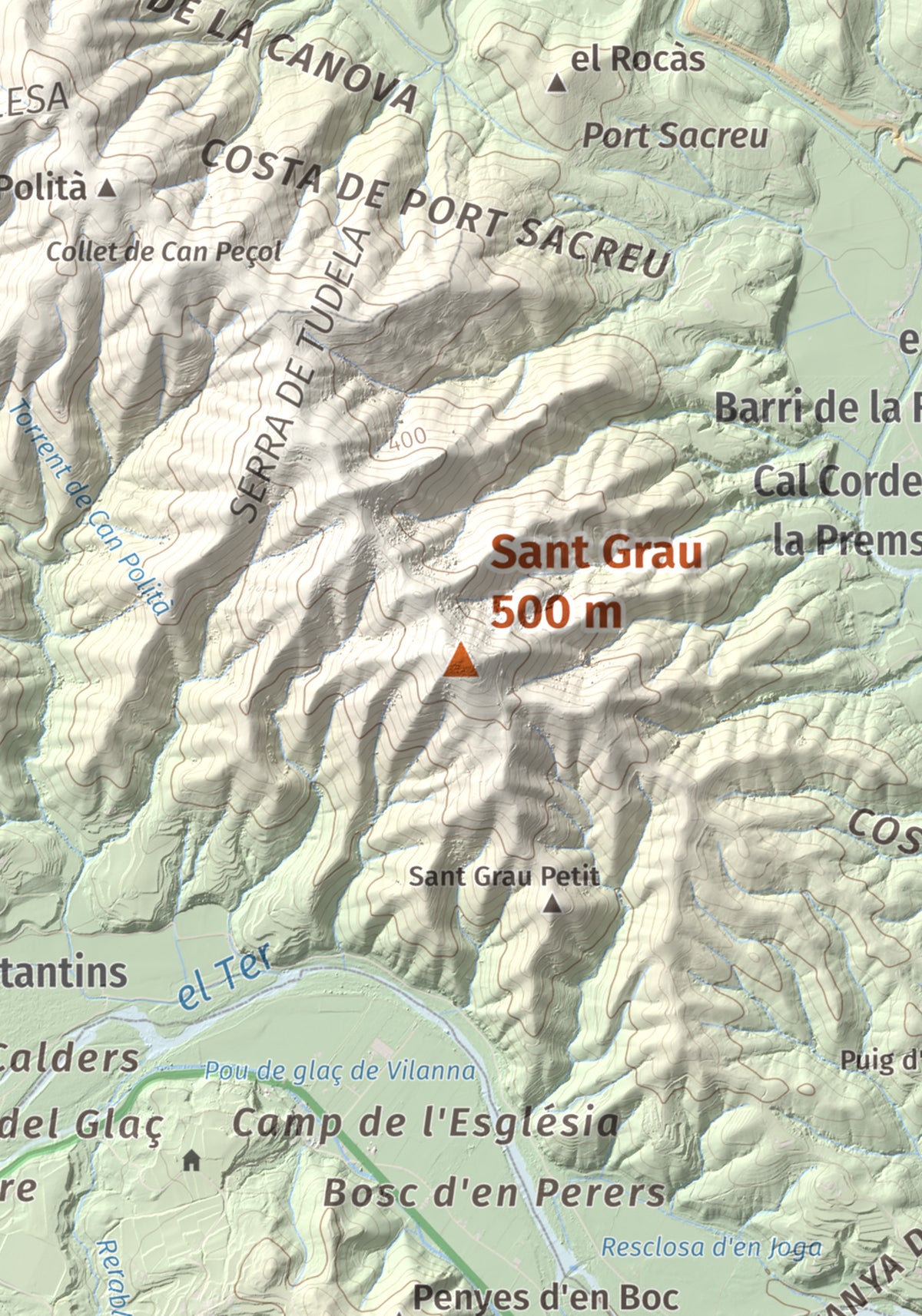 Mapa de relieve de Sant Grau, 500 m, Gironès, lámina 100 Cims de Trobart. Detalle de la zona central. 21 × 30 cm.