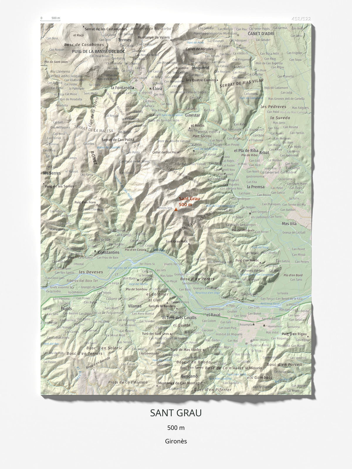 Mapa de relieve de Sant Grau, 500 m, Gironès, lámina 100 Cims de Trobart 30 × 40 cm.