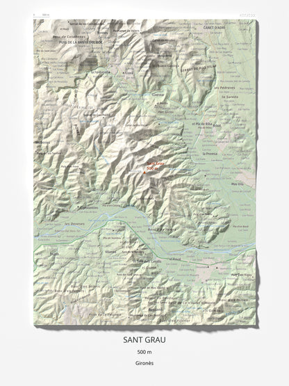 Mapa de relieve de Sant Grau, 500 m, Gironès, lámina 100 Cims de Trobart 30 × 40 cm.
