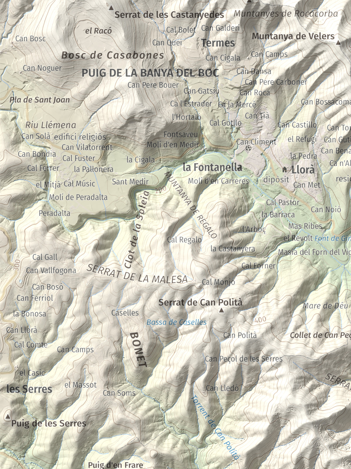 Mapa de relieve de Sant Grau, 500 m, Gironès, lámina 100 Cims de Trobart. Detalle de la zona superior izquierda. 30 × 40 cm.